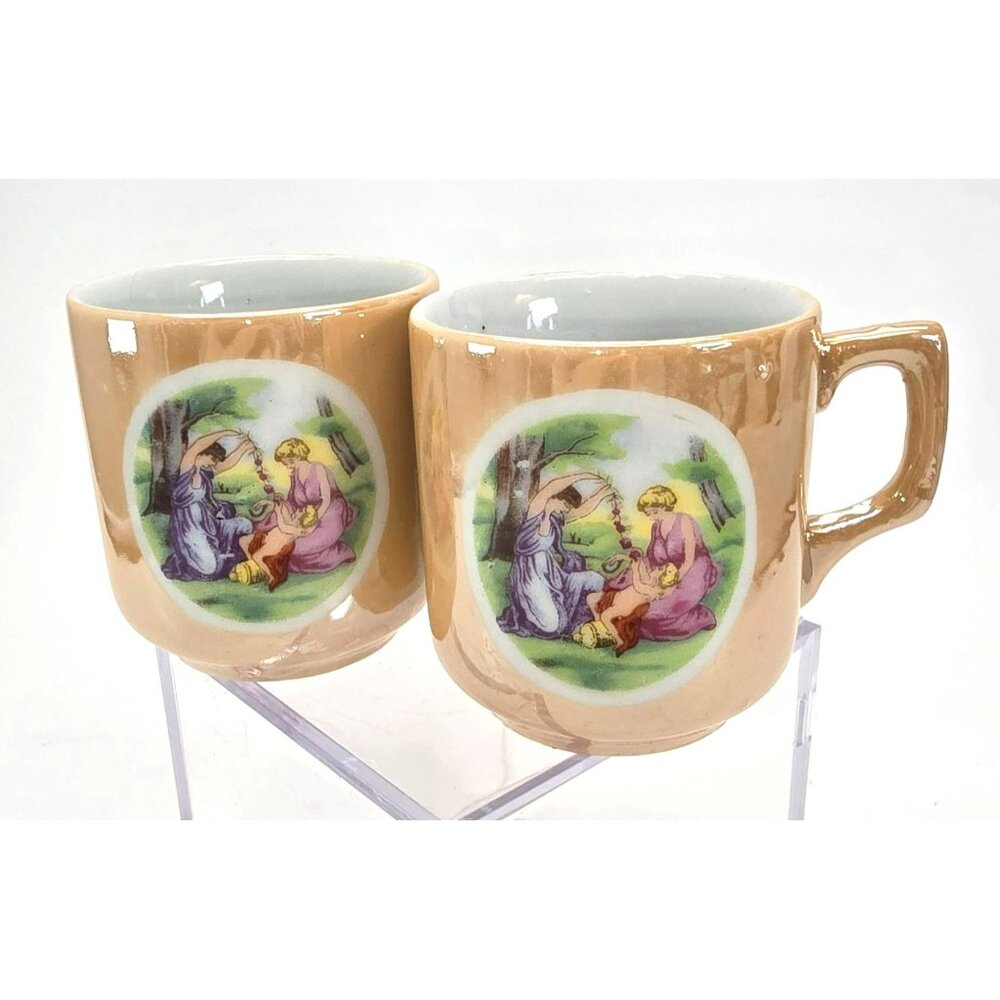 Vintage Japanese Porcelain Hand-Painted Tea/Coffee Mugs Set Of 2 Peach JE312